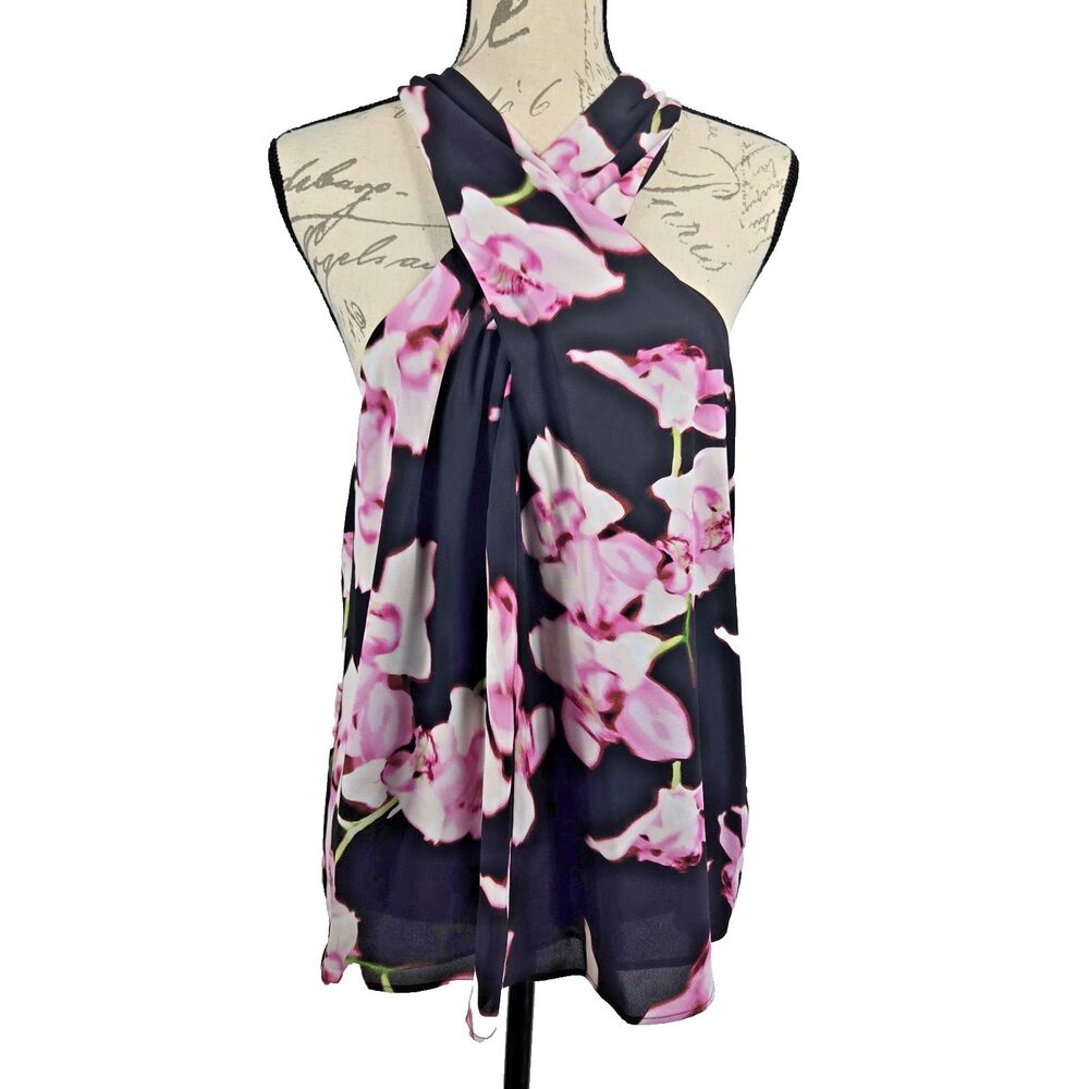 Calvin‎ Klein Women's Size Large Criss Cross Black Pink Floral Top NWT